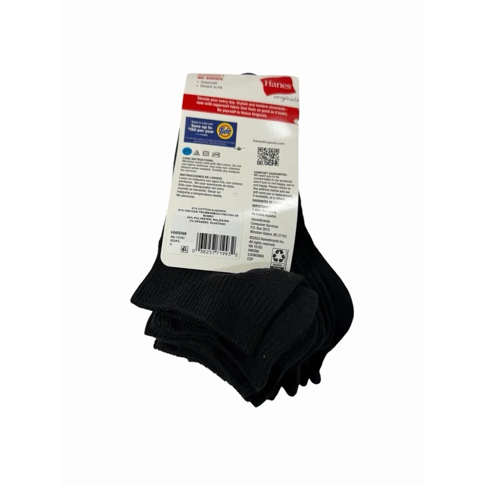 hanes 6 pairs womens super soft no show ankle socks black size 5-9